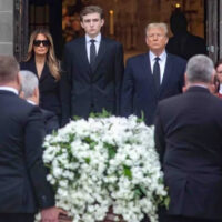 Melania Trump's father Viktor Knavs, Melania Trump, Barron Trump, and Donald Trump at the funeral in Florida